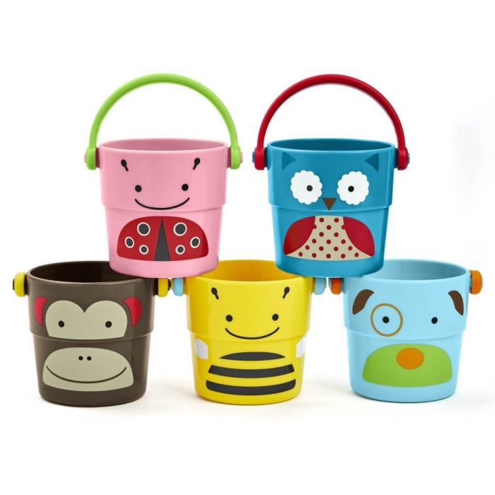 Colorful stack and pour bath time toys by Skip Hop will bring joy to cleaning up your child. 